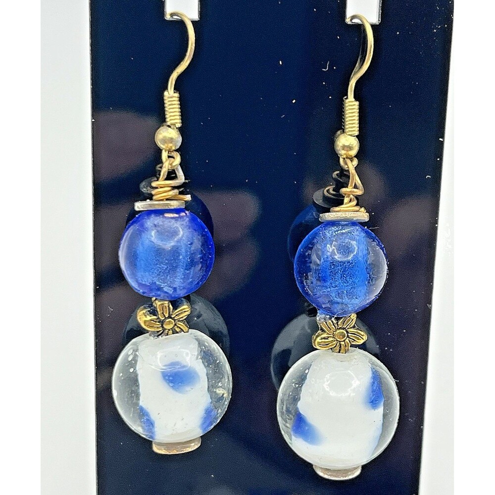 Vintage Blue & White Glass Round Orb Dangle Earrings 2 1/4 “ Long - Picture 7 of 9